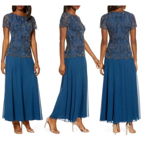 Pisarro Nights Dresses & Skirts - NWT Pisarro Nights Size 8 Embellished Beaded Mesh Gown Dress- Rich Sapphire Blue